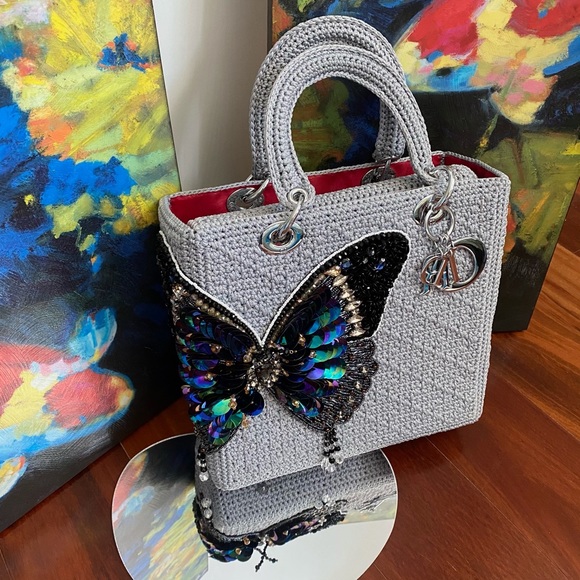 Grey Crocheted Sequin & Beaded Butterfly Purse - Picture 14 of 14